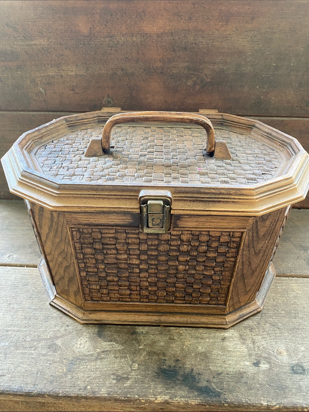 Vintage Sewing Box 1970s Faux Wooden Woven Pattern hexagon shape w tray & handle